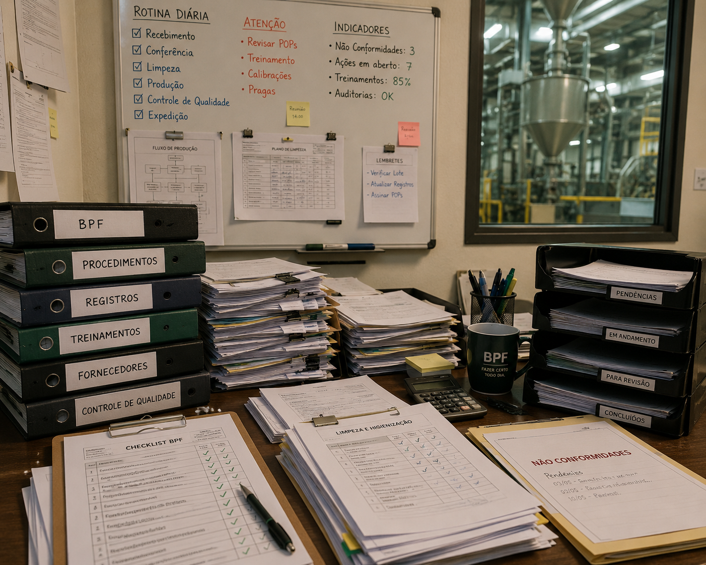 Escritório de fábrica com pastas BPF, checklists e quadro de rotina diária